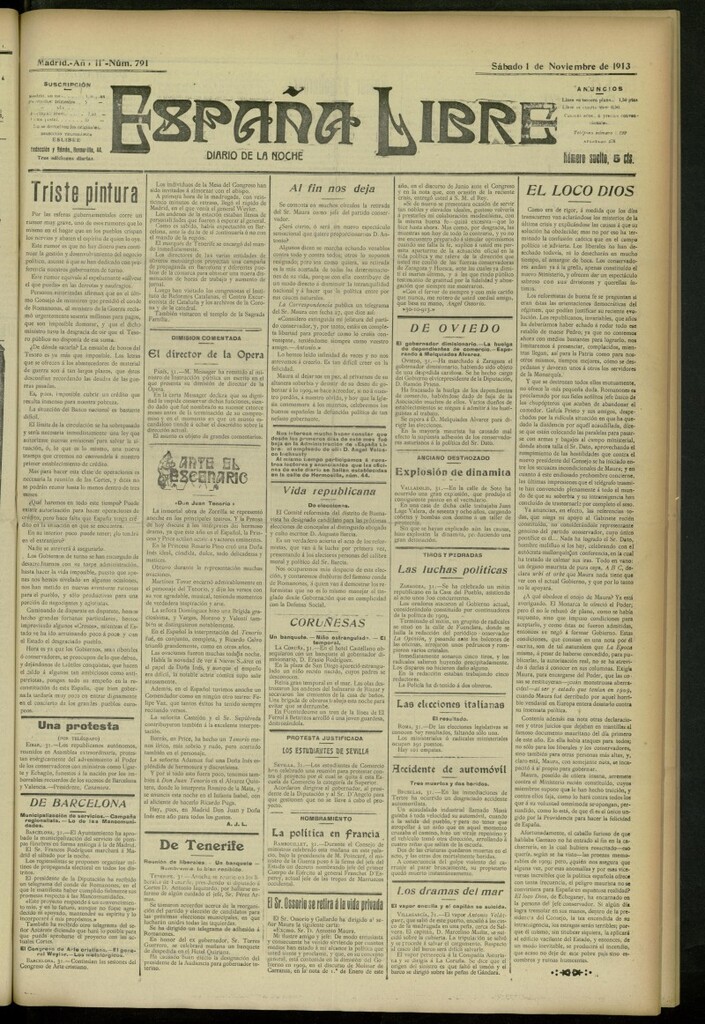 Miniatura de España Libre : Diario de la noche del 1 de noviembre de 1913, nº 791