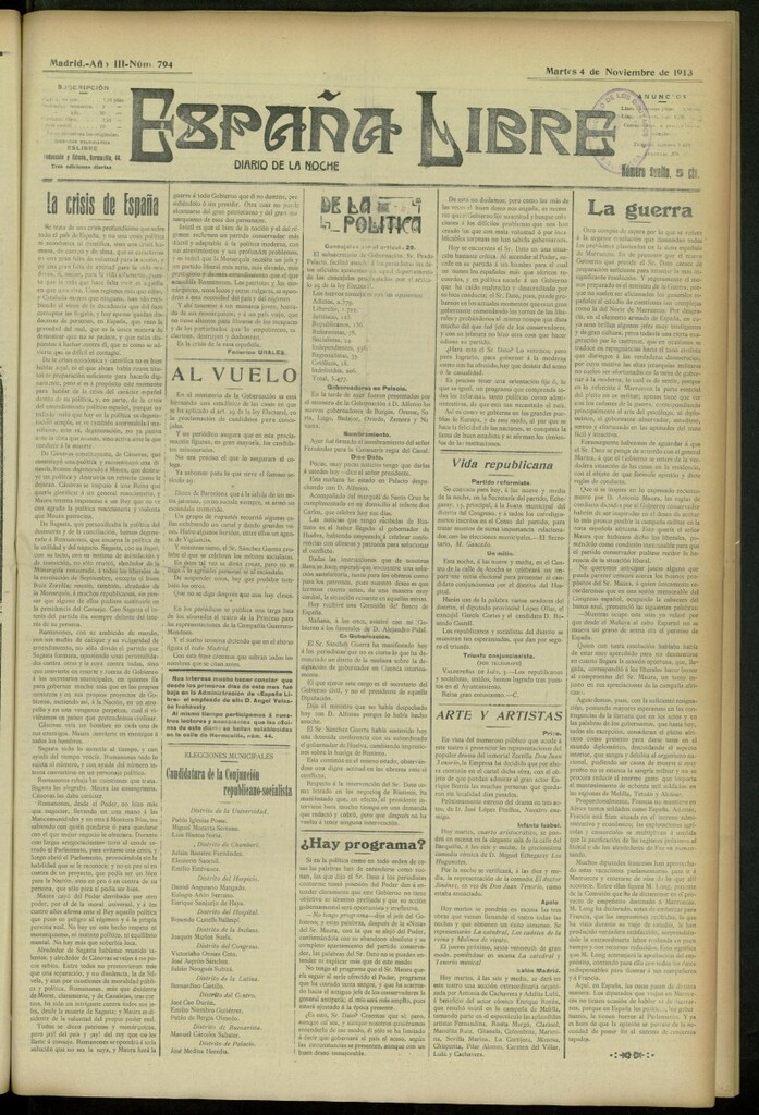 Miniatura de España Libre : Diario de la noche del 4 de noviembre de 1913, nº 794