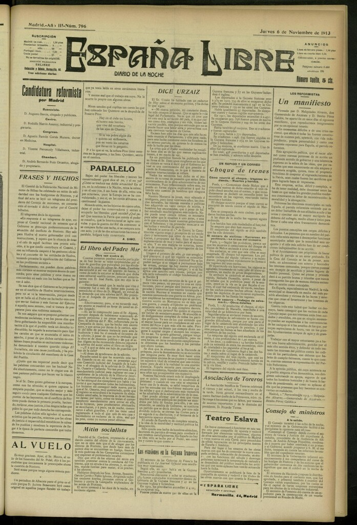 Miniatura de España Libre : Diario de la noche del 6 de noviembre de 1913, nº 796