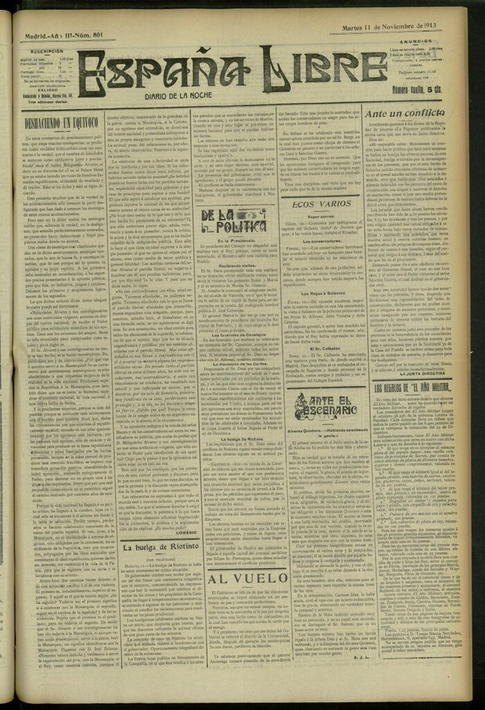 Miniatura de España Libre : Diario de la noche del 11 de noviembre de 1913, nº 801