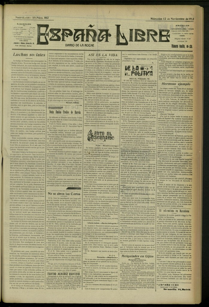 Miniatura de España Libre : Diario de la noche del 12 de noviembre de 1913, nº 802