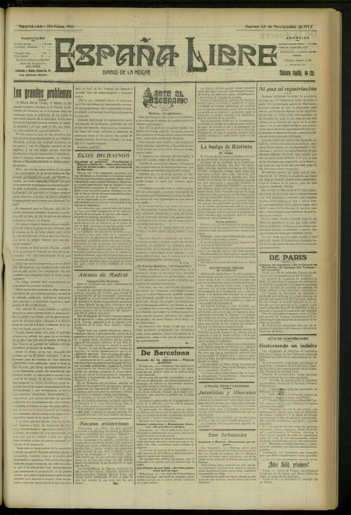 Miniatura de España Libre : Diario de la noche del 13 de noviembre de 1913, nº 803