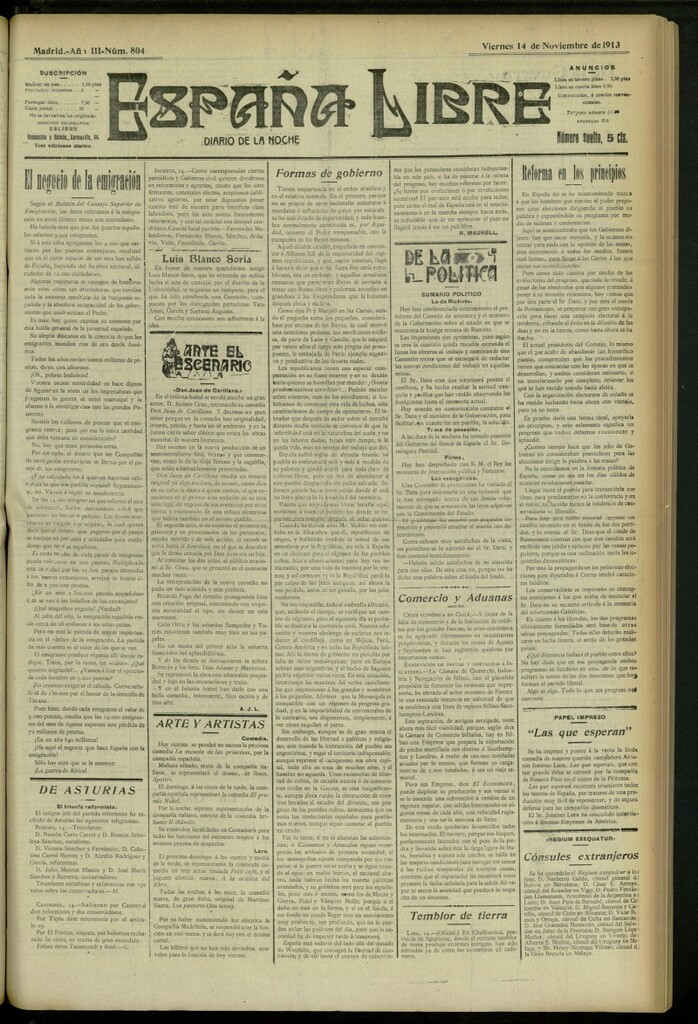 Miniatura de España Libre : Diario de la noche del 14 de noviembre de 1913, nº 804