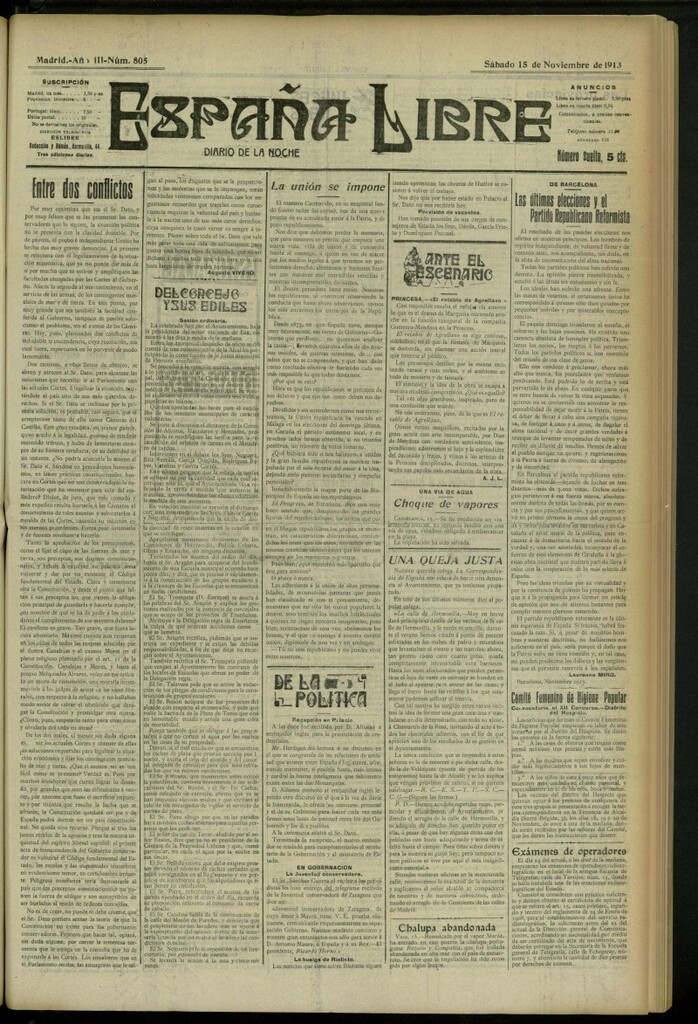 Miniatura de España Libre : Diario de la noche del 15 de noviembre de 1913, nº 805