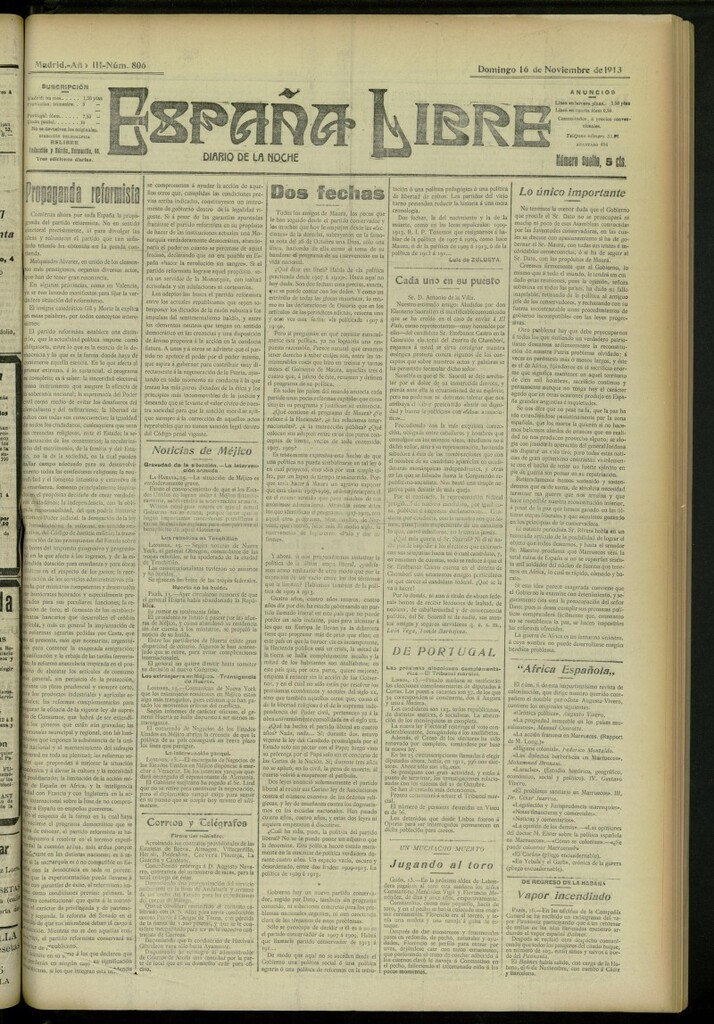 Miniatura de España Libre : Diario de la noche del 16 de noviembre de 1913, nº 806