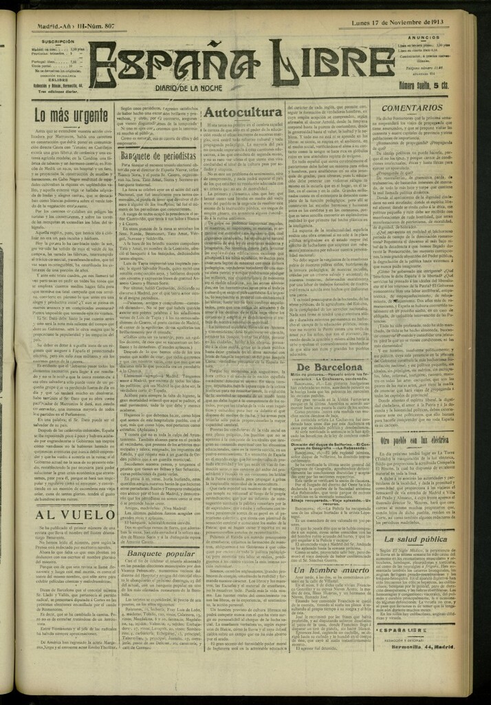 Miniatura de España Libre : Diario de la noche del 17 de noviembre de 1913, nº 807
