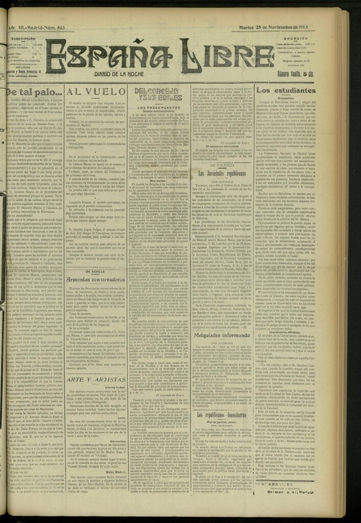 Miniatura de España Libre : Diario de la noche del 25 de noviembre de 1913, nº 815