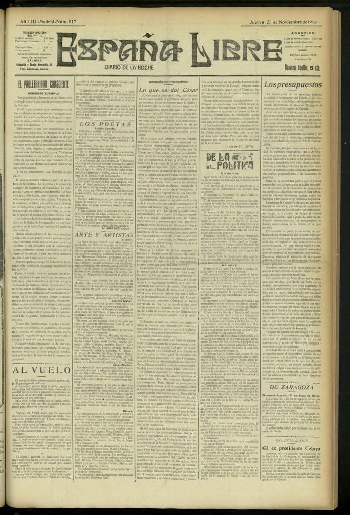 Miniatura de España Libre : Diario de la noche del 27 de noviembre de 1913, nº 817