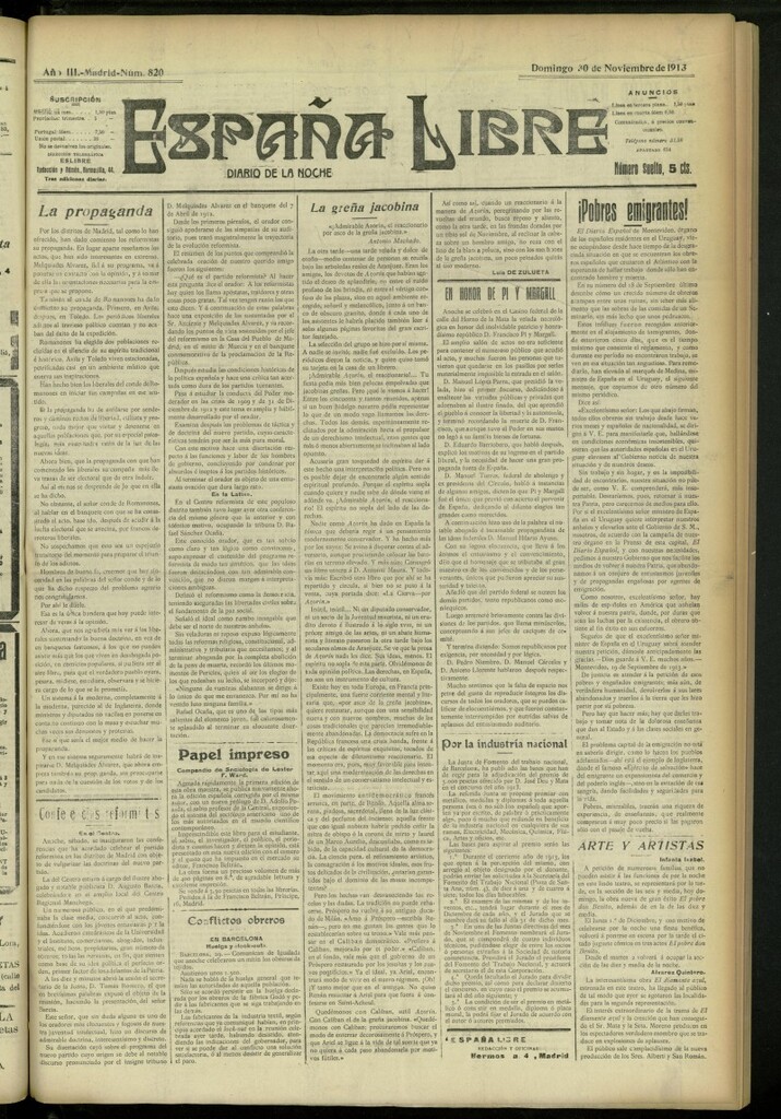 Miniatura de España Libre : Diario de la noche del 30 de noviembre de 1913, nº 820