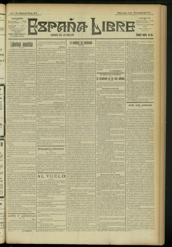 Miniatura de España Libre : Diario de la noche del 3 de diciembre de 1913, nº 832