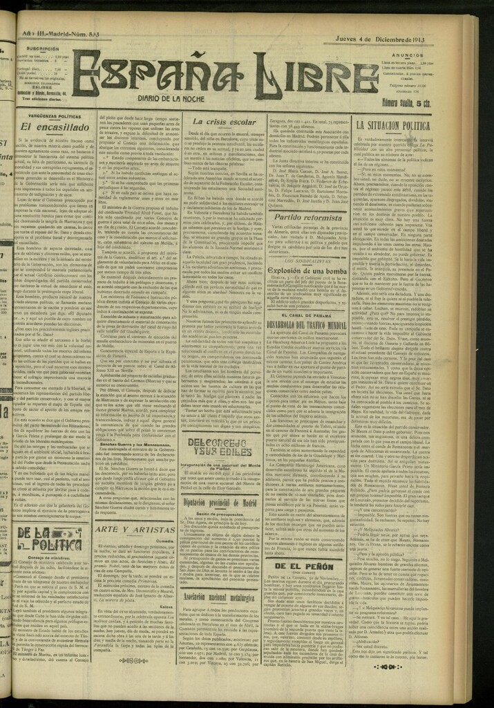 Miniatura de España Libre : Diario de la noche del 4 de diciembre de 1913, nº 833