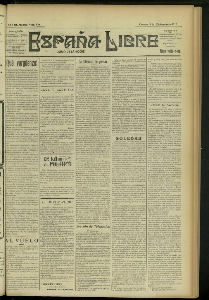 Miniatura de España Libre : Diario de la noche del 5 de diciembre de 1913, nº 834