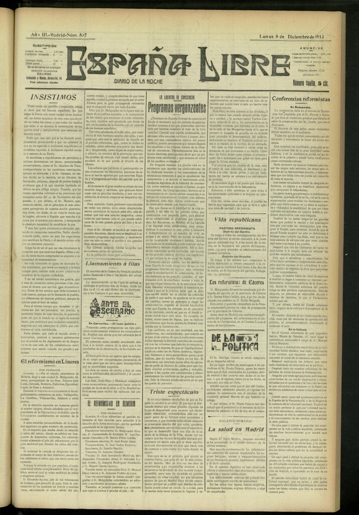 Miniatura de España Libre : Diario de la noche del 8 de diciembre de 1913, nº 837