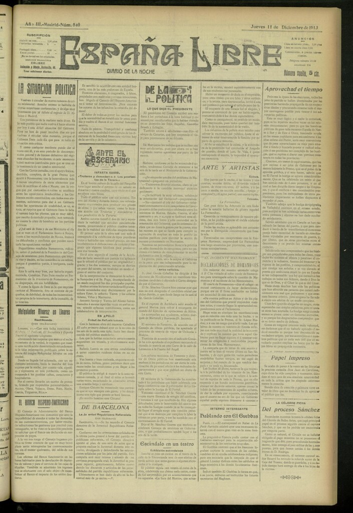 Miniatura de España Libre : Diario de la noche del 11 de diciembre de 1913, nº 840