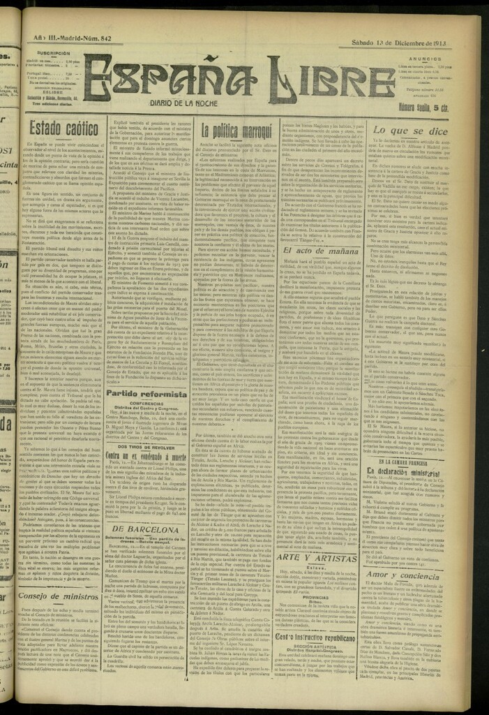 Miniatura de España Libre : Diario de la noche del 13 de diciembre de 1913, nº 842