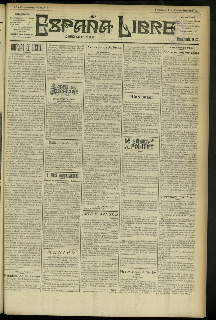 Miniatura de España Libre : Diario de la noche del 19 de diciembre de 1913,n º 848