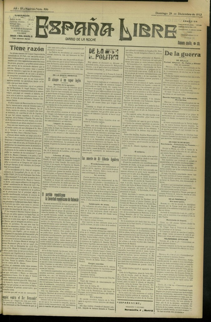 Miniatura de España Libre : Diario de la noche del 28 de diciembre de 1913, nº 856