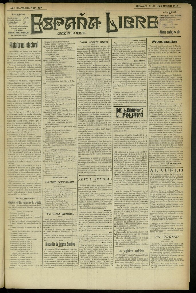 Miniatura de España Libre : Diario de la noche del 31 de diciembre de 1913, nº 859