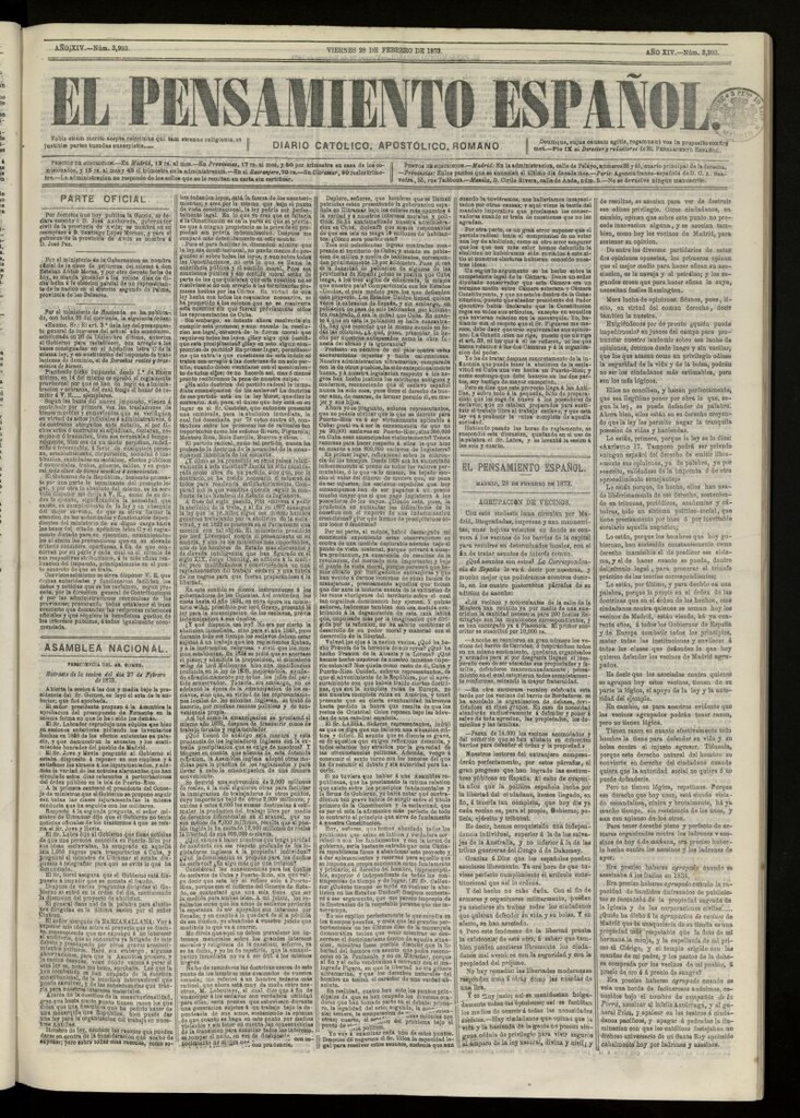 Miniatura de El Pensamiento Español del 28 de febrero de 1873, nº 3993
