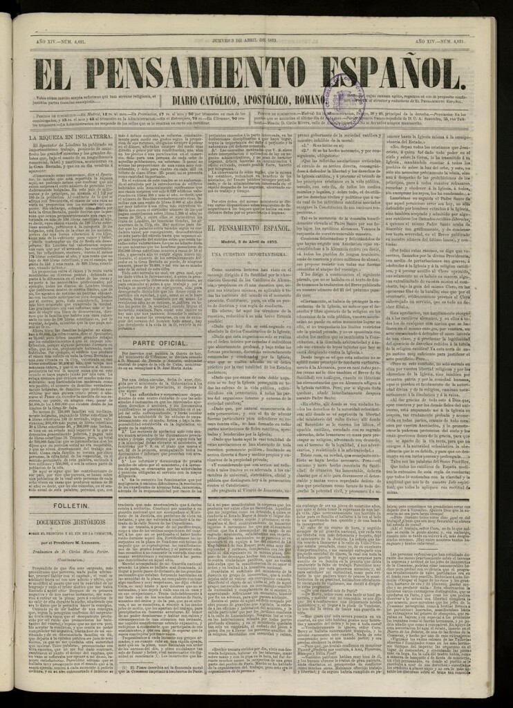 Miniatura de El Pensamiento Español del 3 abril de 1873, nº 4021