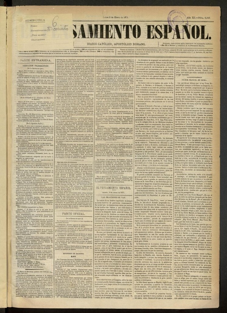 Miniatura de El Pensamiento Español del 2 de enero de 1871, nº 3342