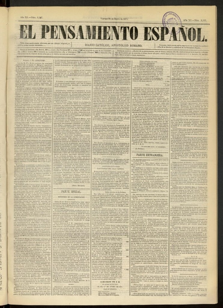 Miniatura de El Pensamiento Español del 20 de enero de 1871, nº 3357