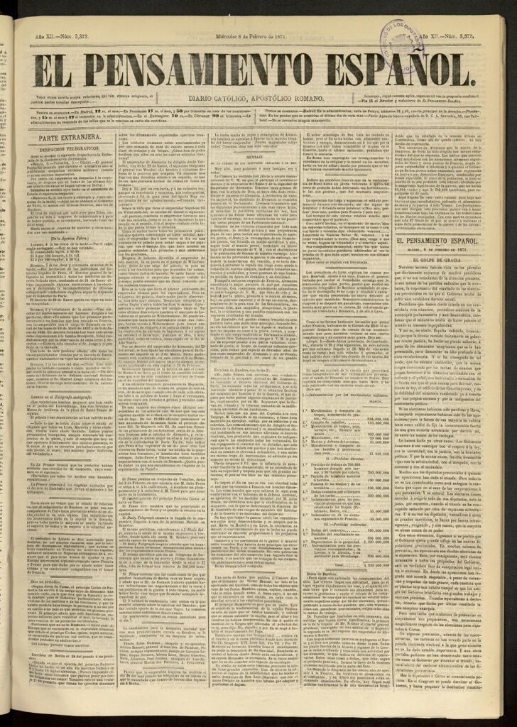 Miniatura de El Pensamiento Español del 8 de febrero de 1871, nº 3372
