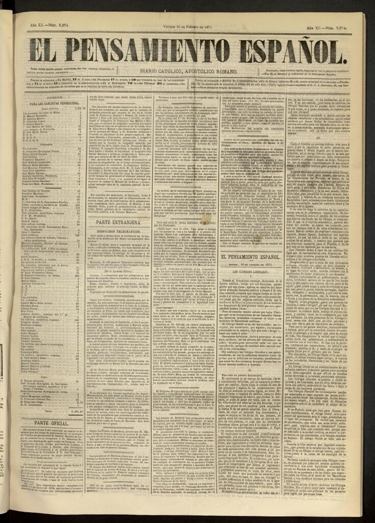 Miniatura de El Pensamiento Español del 10 de febrero de 1871, nº 3374