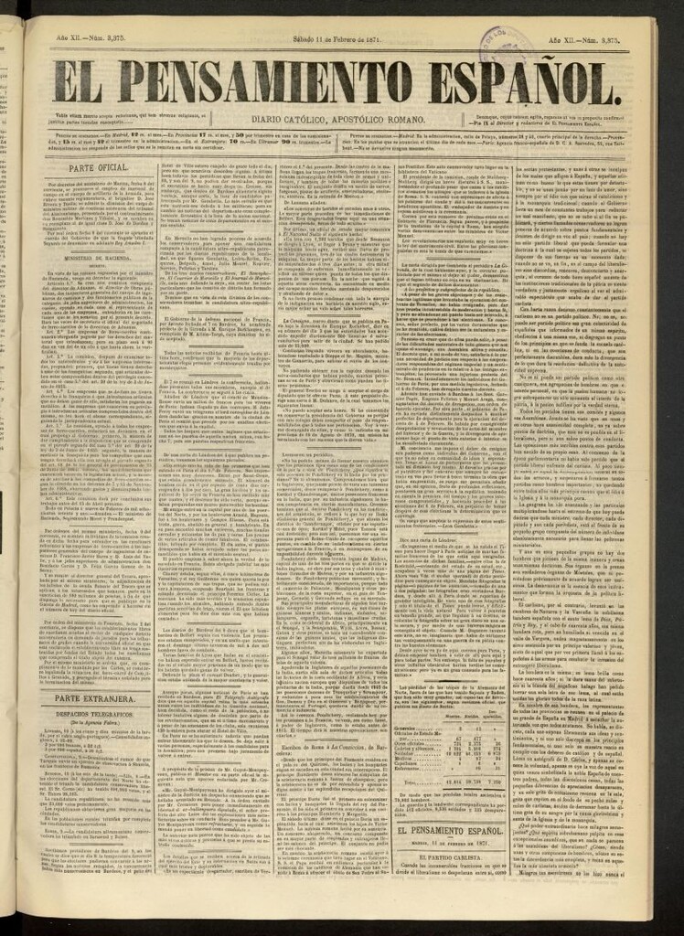 Miniatura de El Pensamiento Español del 11 de febrero de 1871, nº 3375
