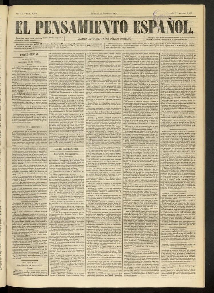 Miniatura de El Pensamiento Español del 13 de febrero de 1871, nº 3376
