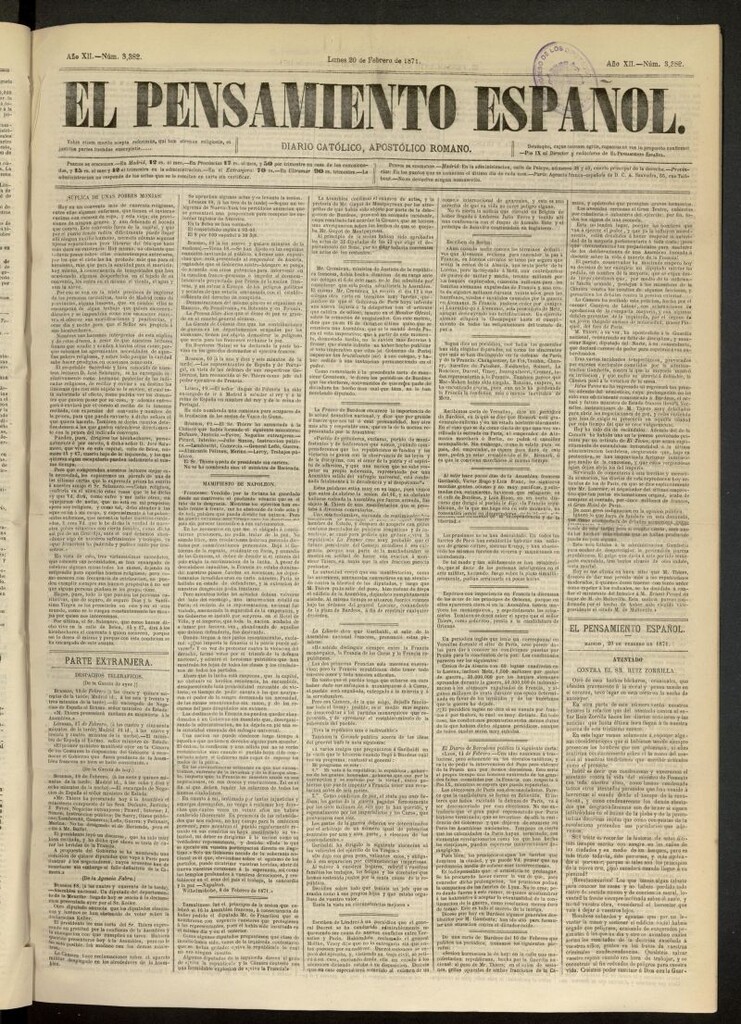 Miniatura de El Pensamiento Español del 20 de febrero de 1871, nº 3382
