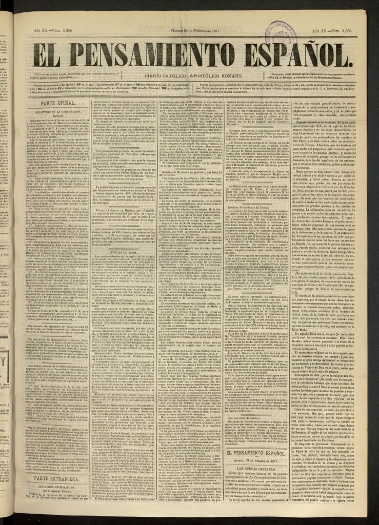 Miniatura de El Pensamiento Español del 24 de febrero de 1871, nº 3386