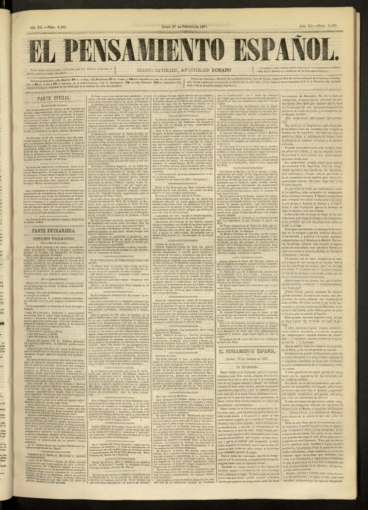 Miniatura de El Pensamiento Español del 27 de febrero de 1871, nº 3388