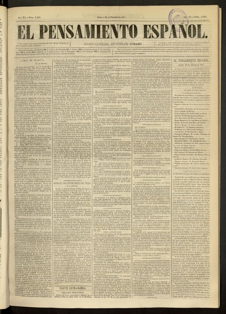 Miniatura de El Pensamiento Español del 28 de febrero de 1871, nº 3389