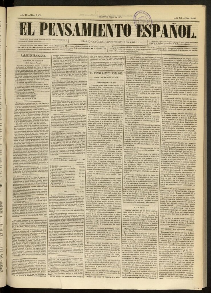 Miniatura de El Pensamiento Español del 20 de marzo de 1871, nº 3406