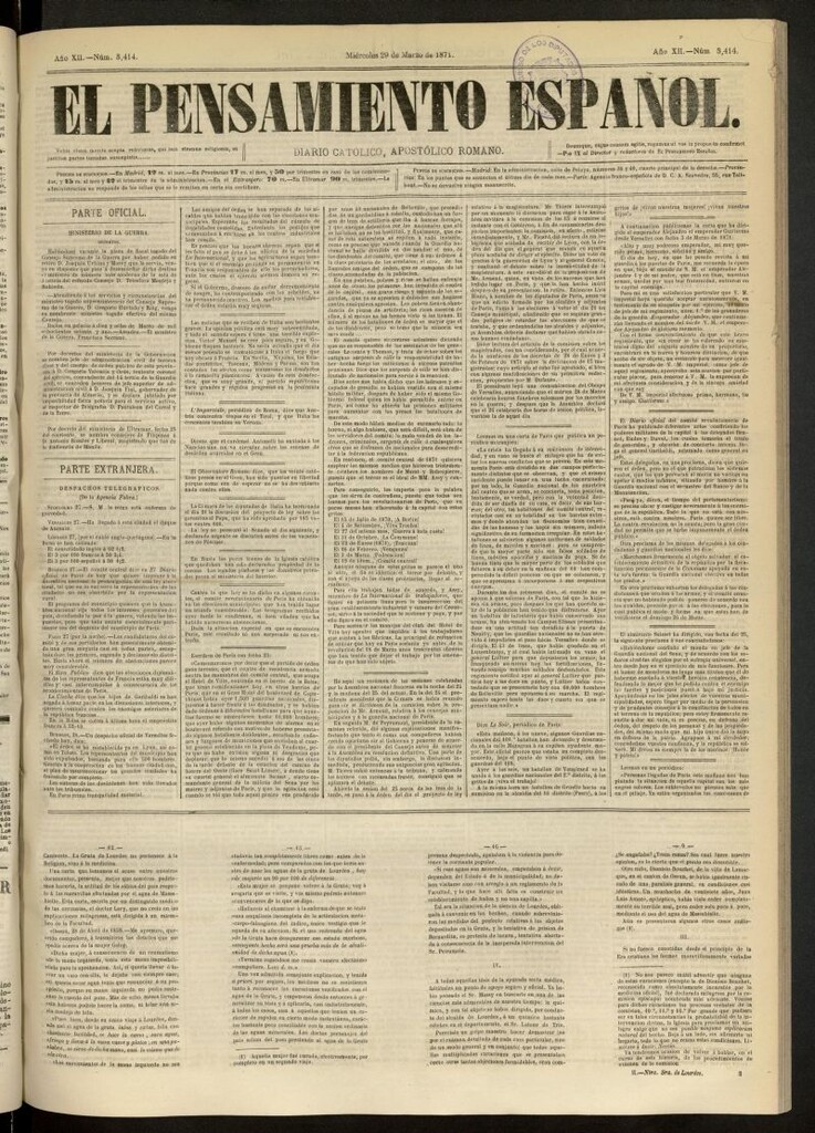 Miniatura de El Pensamiento Español del 29 de marzo de 1871, nº 3414