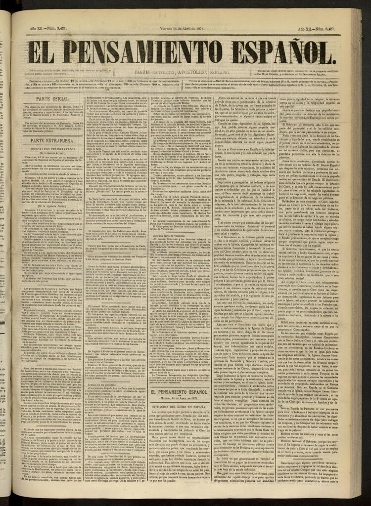 Miniatura de El Pensamiento Español del 14 de abril de 1871, nº 3427