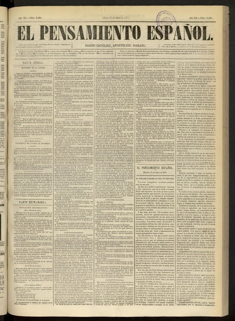 Miniatura de El Pensamiento Español del 17 de abril de 1871, nº 3429