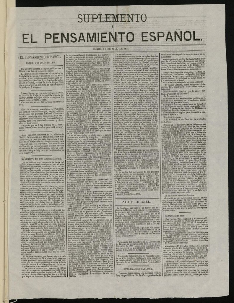 Miniatura de El Pensamiento Español del 7 de julio de 1872, suplemento