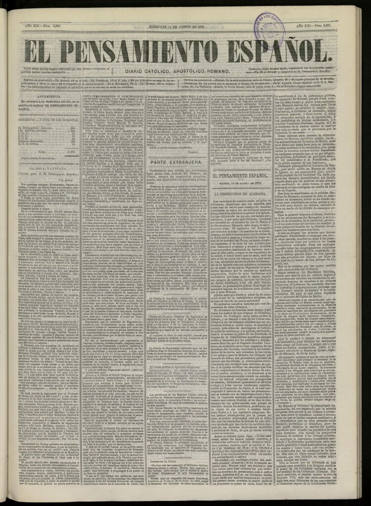 Miniatura de El Pensamiento Español del 14 de agosto de 1872, nº 3828