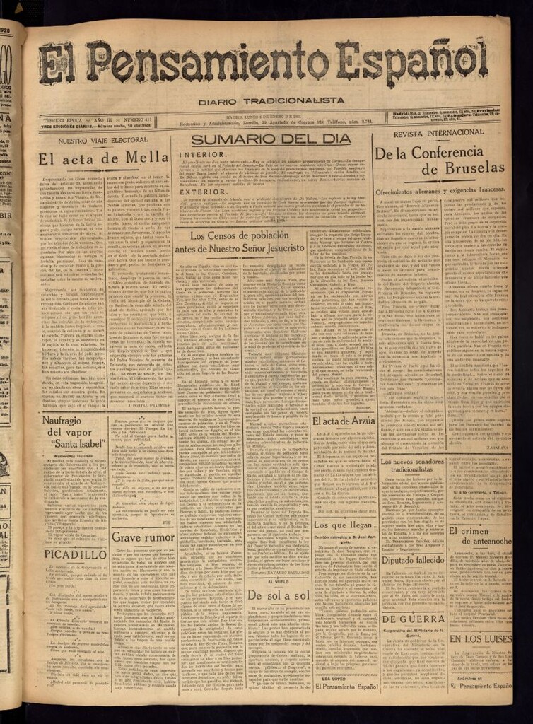 Miniatura de El Pensamiento Español del 3 de enero de 1921, nº 411