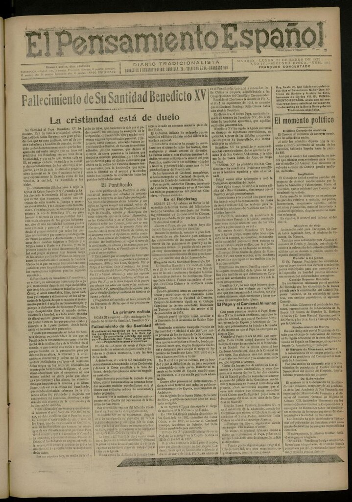 Miniatura de El Pensamiento Español del 23 de enero de 1922, nº 165 [sic]