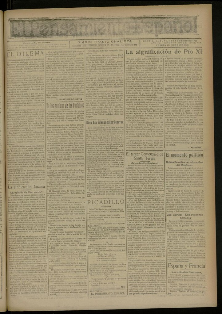 Miniatura de El Pensamiento Español del 8 de febrero de 1922, nº 179 [sic]