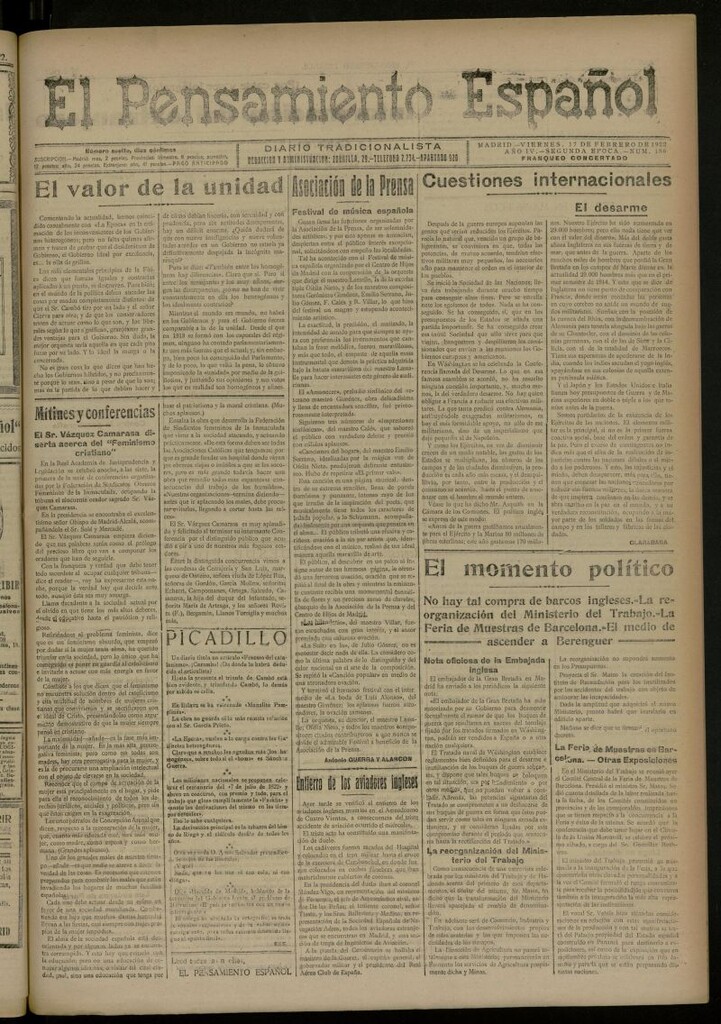 Miniatura de El Pensamiento Español del 17 de febrero de 1922, nº 186 [sic]