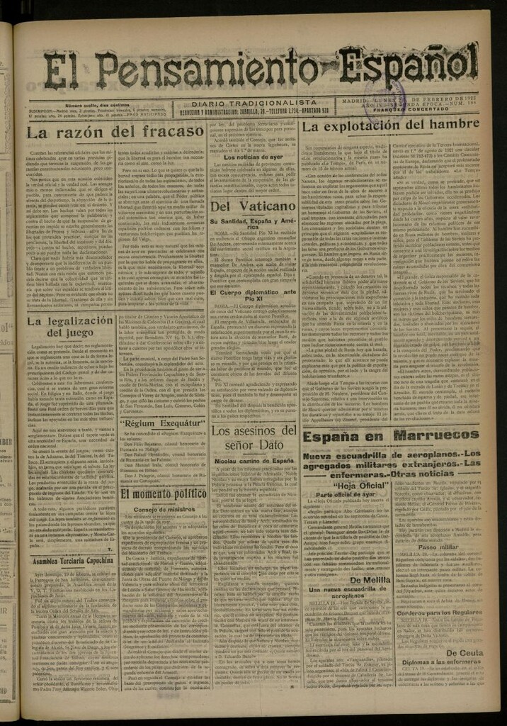 Miniatura de El Pensamiento Español del 20 de febrero de 1922, nº 188 [sic]