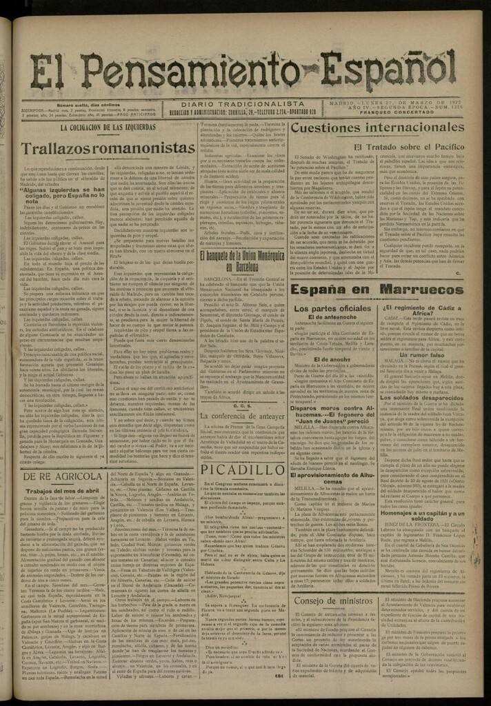 Miniatura de El Pensamiento Español del 27 marzo de 1922, nº 1216 [sic]