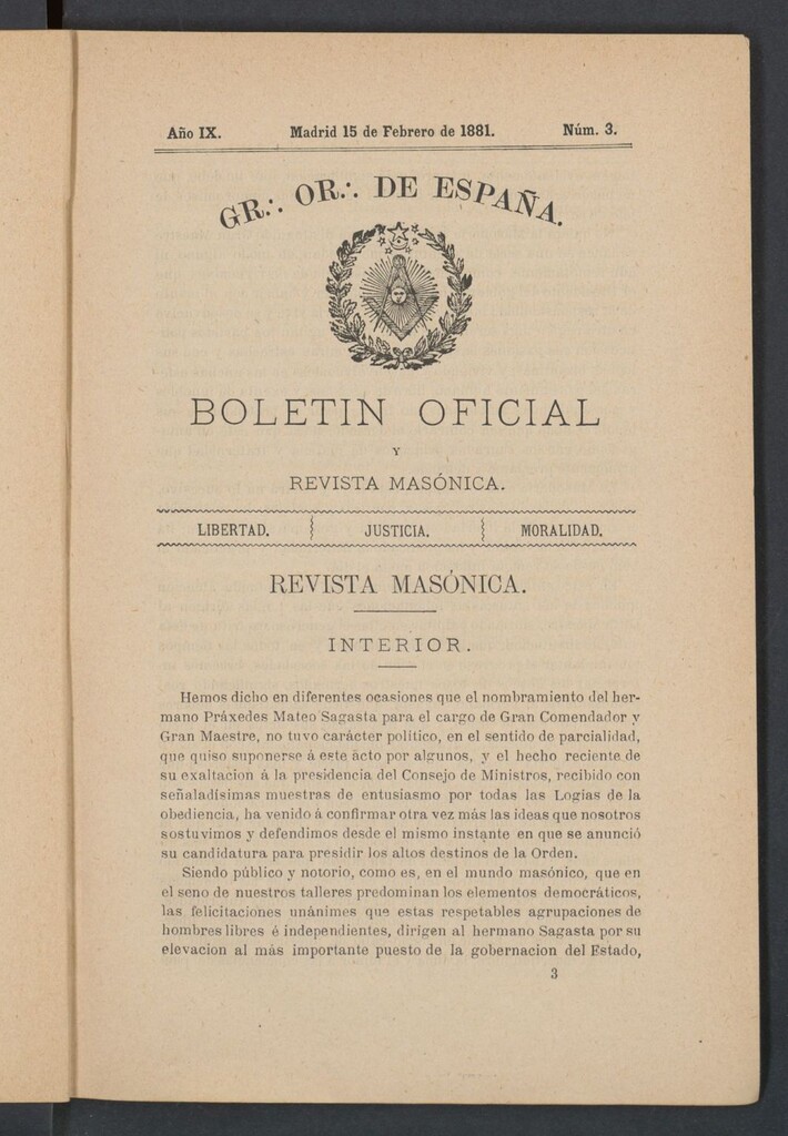 Miniatura de Boletín Oficial del Gran Oriente de España del 15 de febrero de 1881. Nº 3