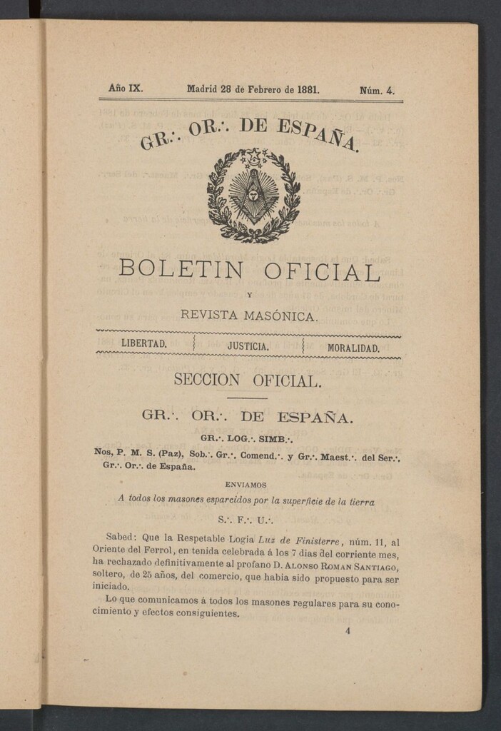 Miniatura de Boletín Oficial del Gran Oriente de España del 28 de febrero de 1881. Nº 4