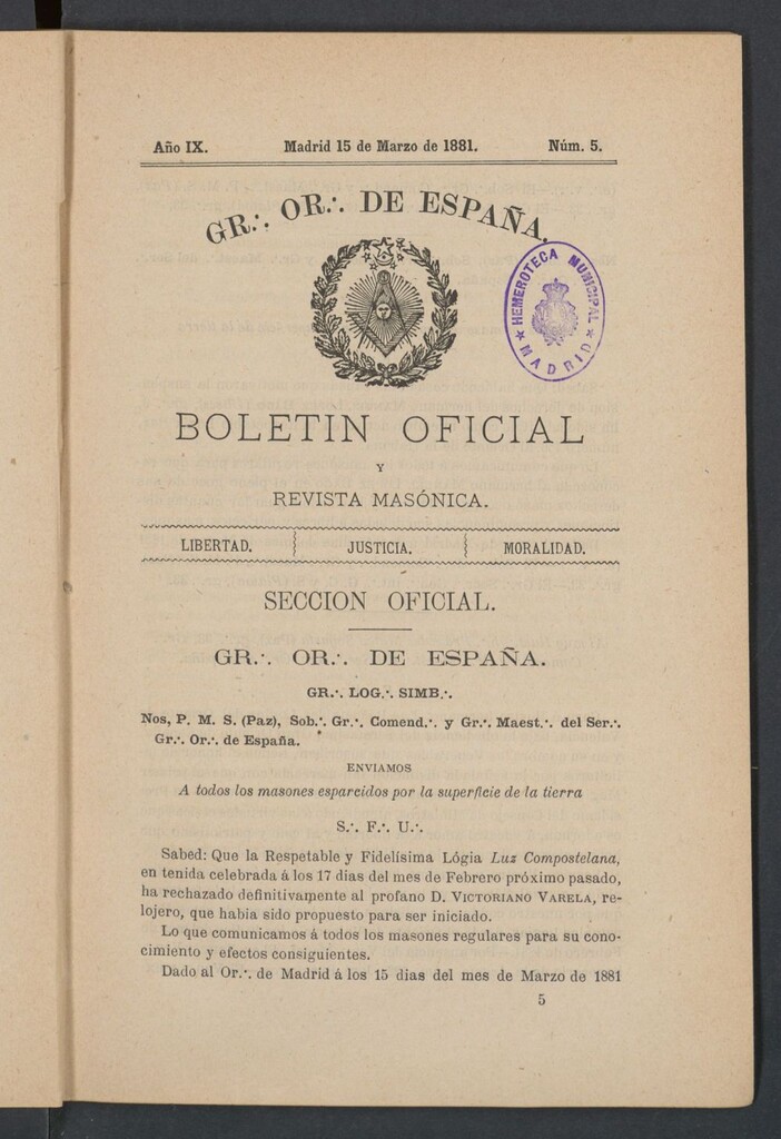 Miniatura de Boletín Oficial del Gran Oriente de España del 15 de marzo de 1881. Nº 5