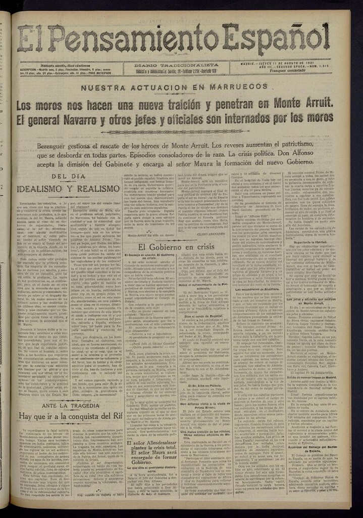 Miniatura de El Pensamiento Español del 11 de agosto de 1921, nº 1515 [sic]